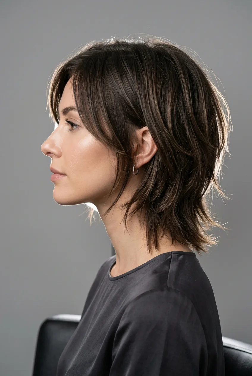 Woman with layered bob featuring textured piece-y ends instead of blunt cut styling
