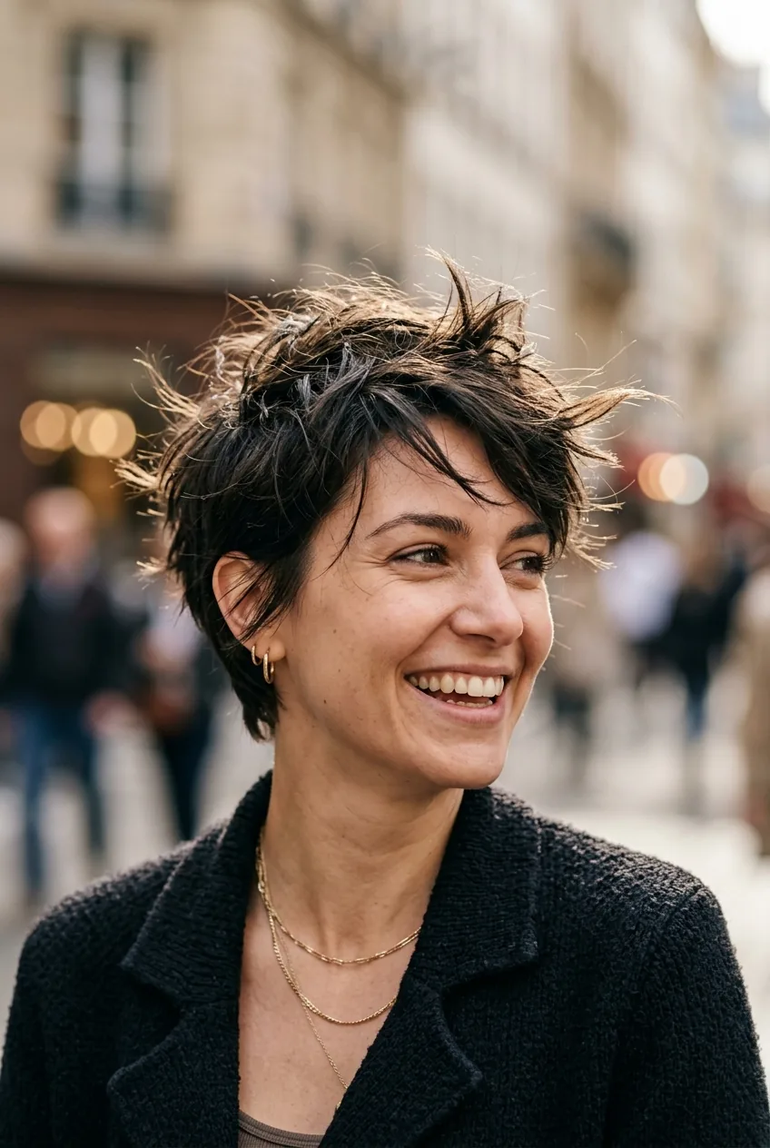 Woman with textured pixie cut showing choppy short layers and movement