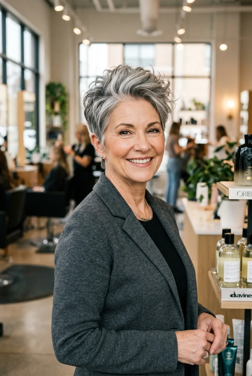 Close-up of textured pixie cut with gray highlights on confident older woman