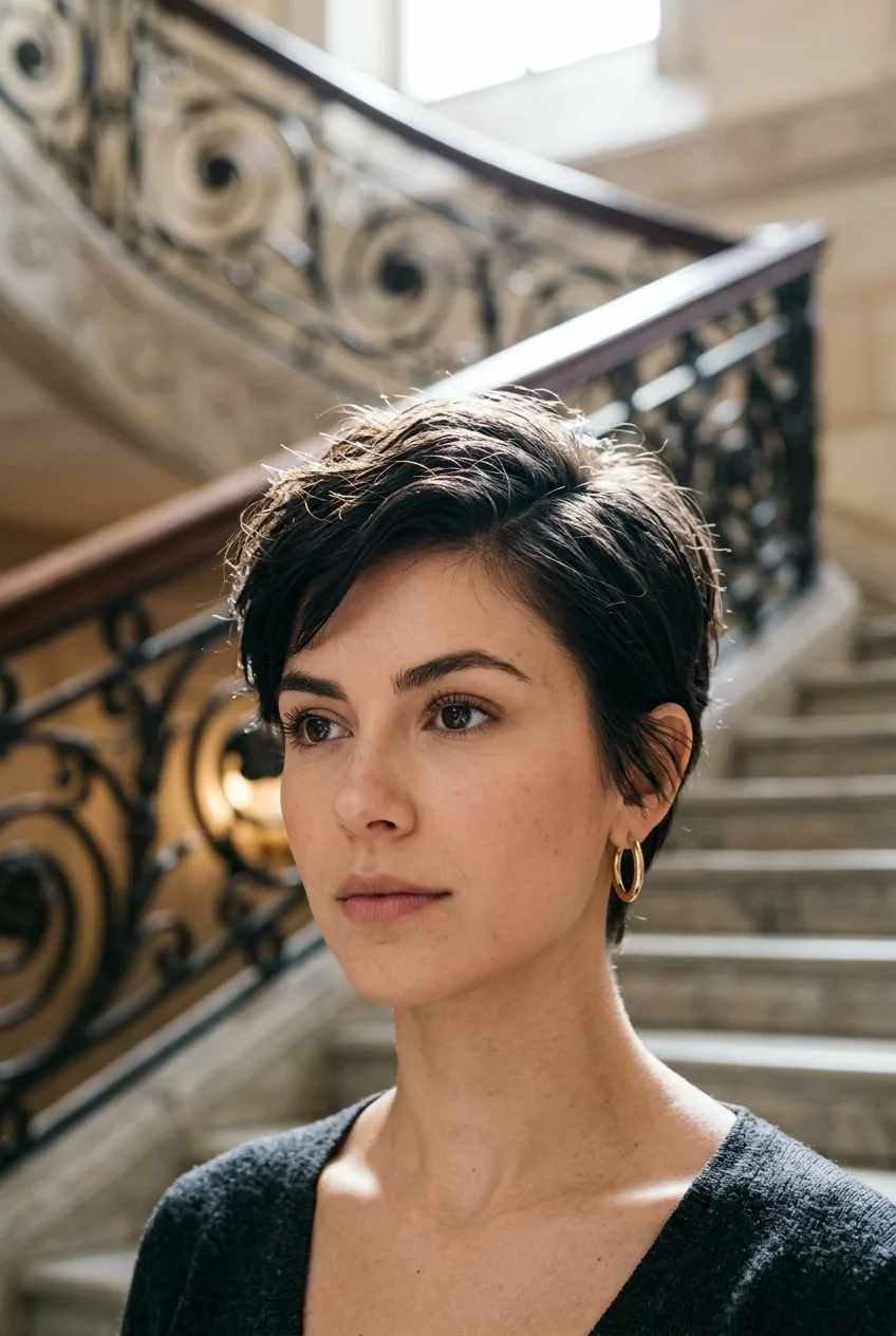 Woman with textured pixie cut showing piece-y definition and strategic side part