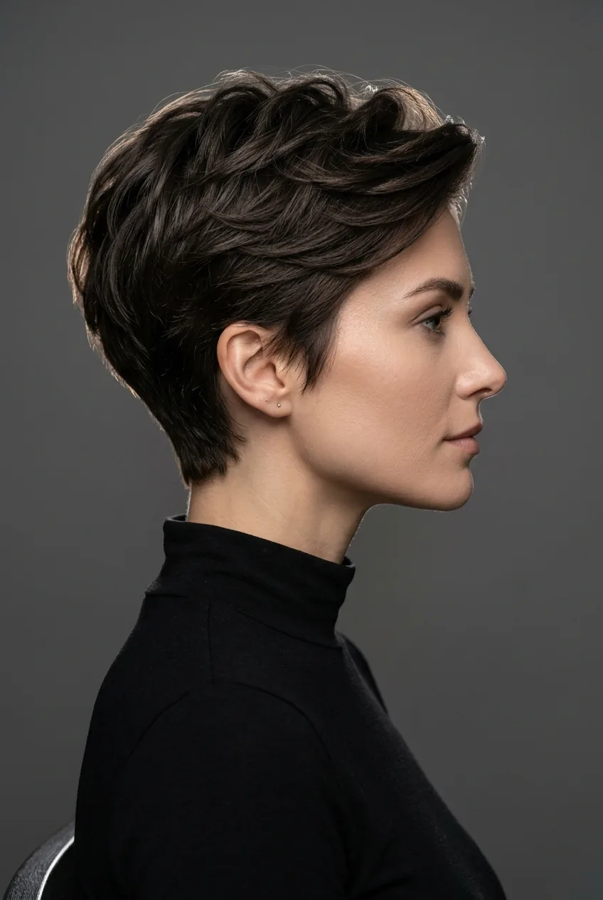 Woman with textured pixie cut showing longer crown pieces in professional side profile shot