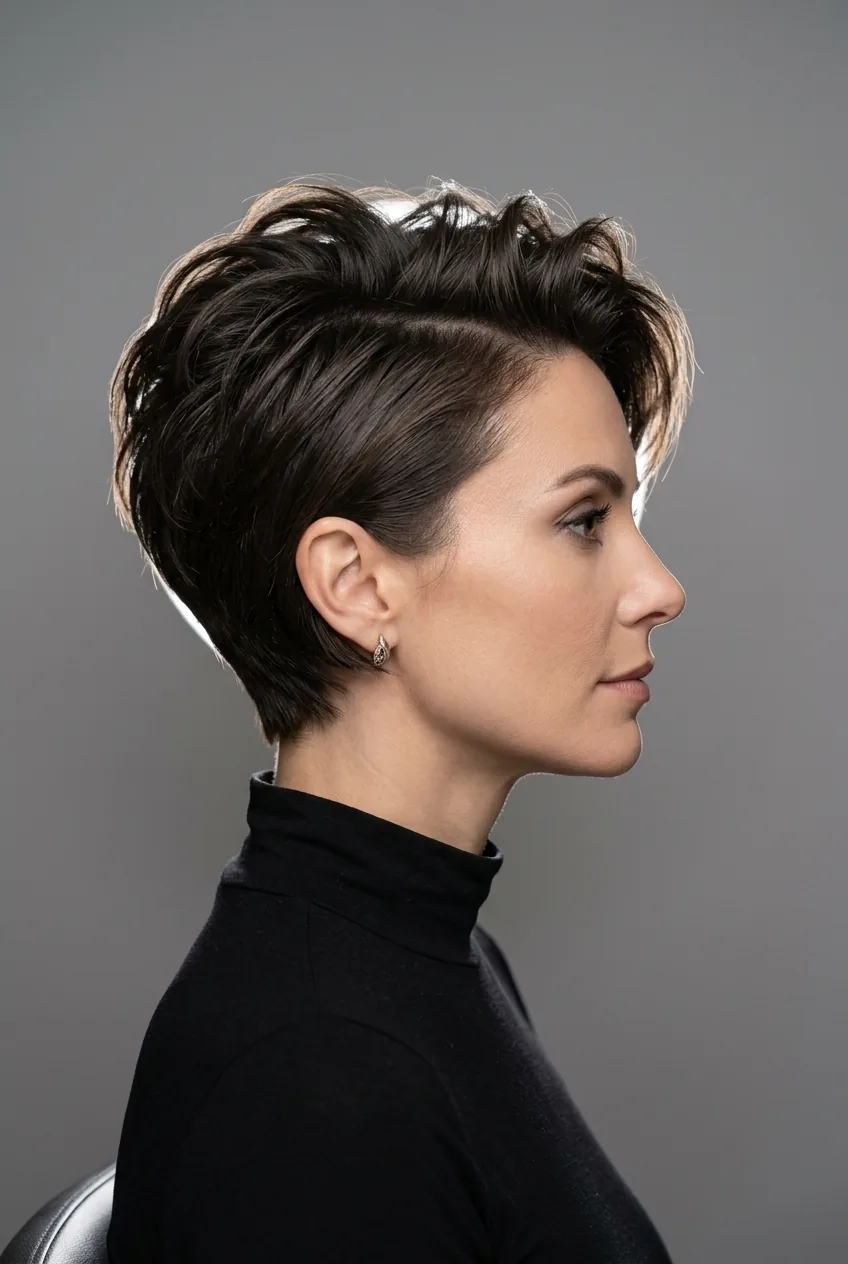 Woman with textured pixie cut swept to side with height at crown