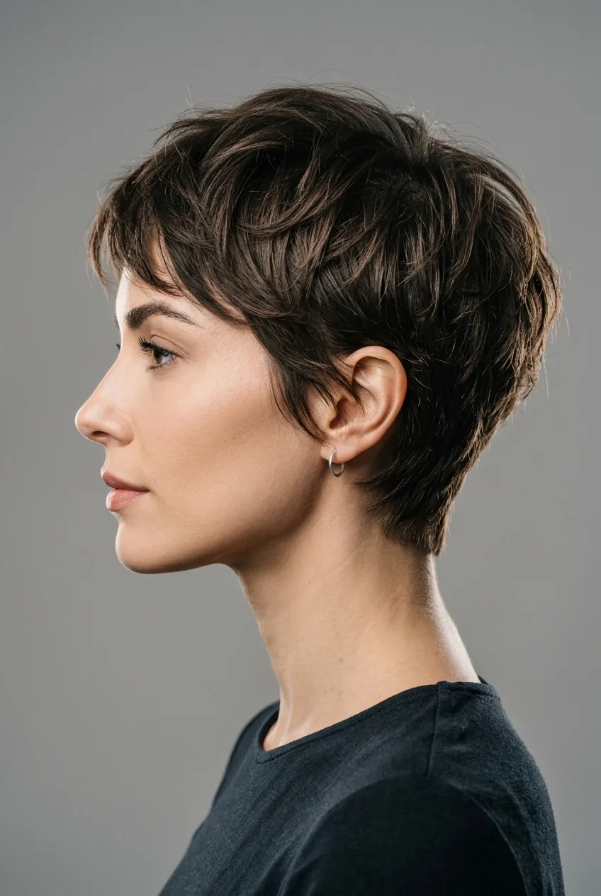 Woman with textured pixie cut displaying soft layers and effortless styling