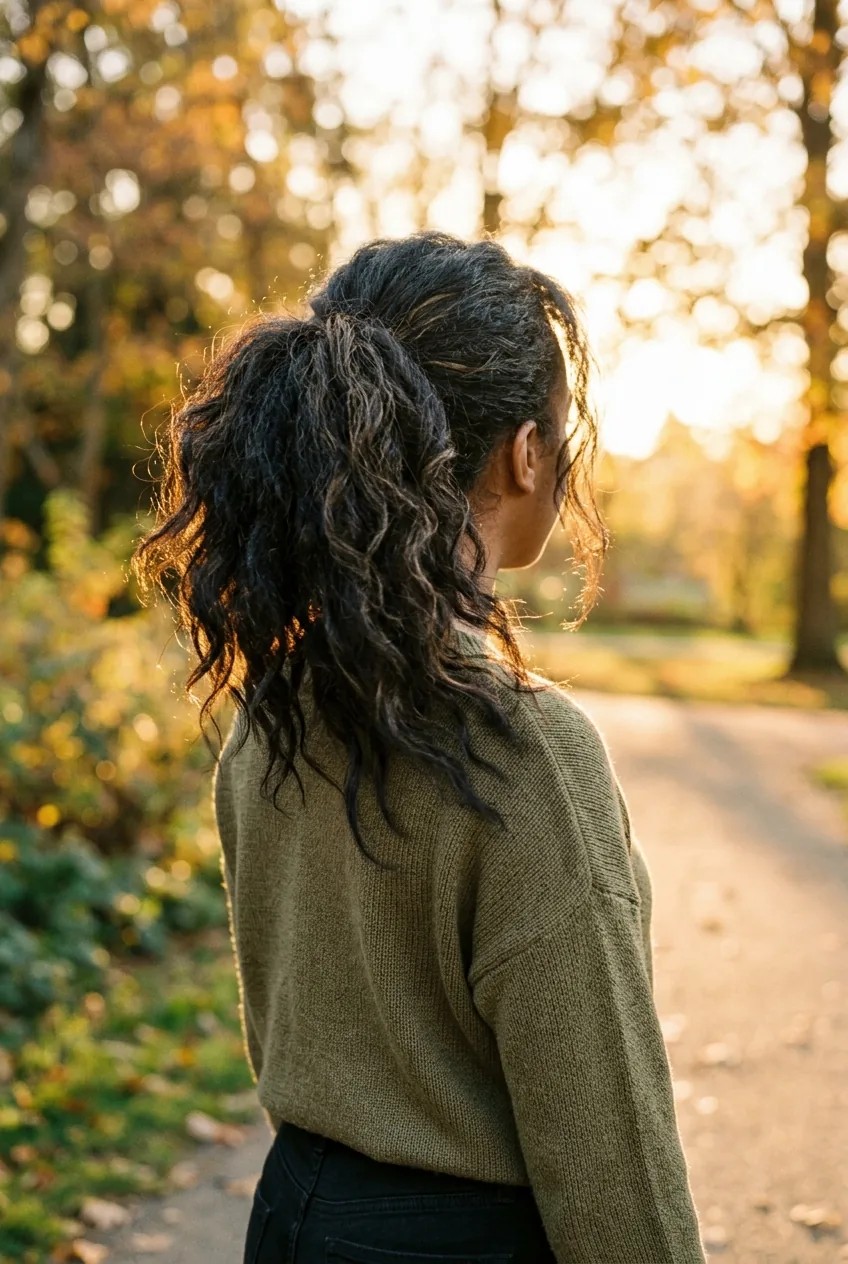 Textured high ponytail with natural volume photographed from three-quarter angle in golden light