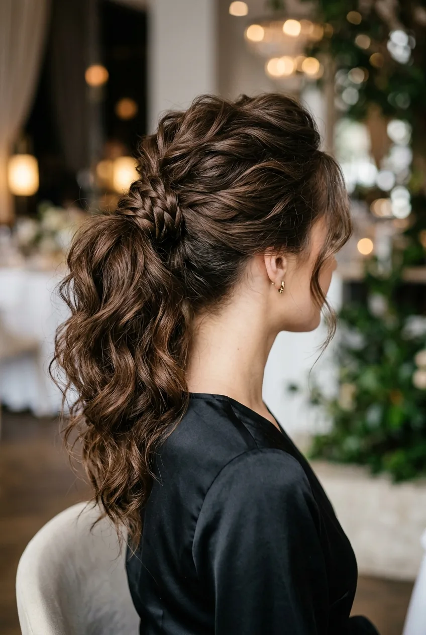 Textured high ponytail with hair wrapped around base showing contemporary elegant styling