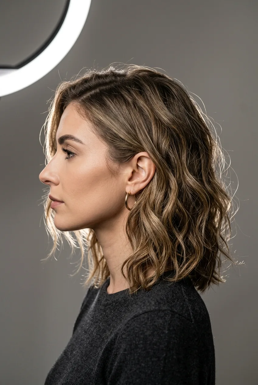 Woman with textured rebel wavy lob showing piece-y separated waves and attitude