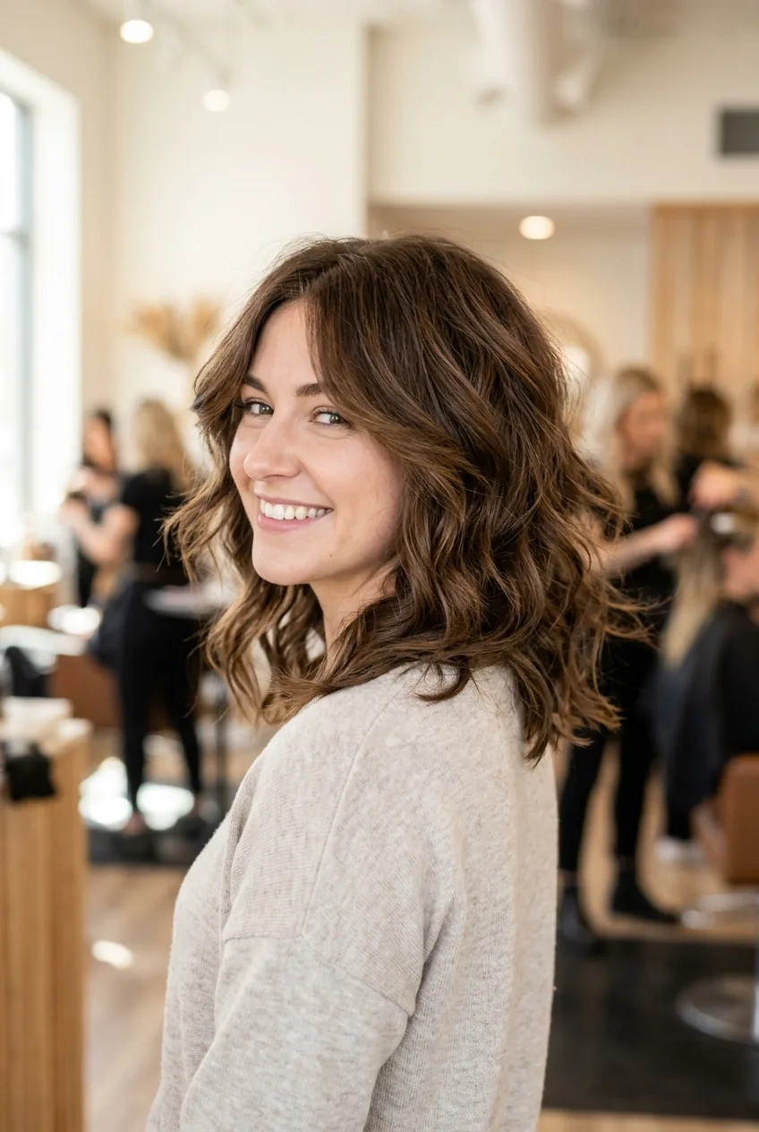 Textured shag haircut with face-framing layers and natural movement captured mid-turn