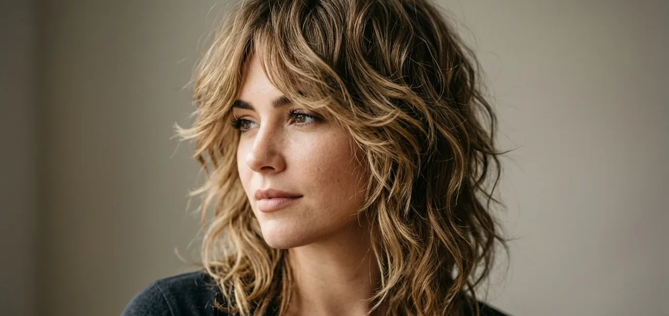 Woman with textured shag haircut showing soft layered feathery movement and natural waves