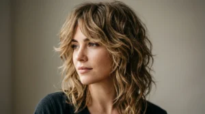 Woman with textured shag haircut showing soft layered feathery movement and natural waves
