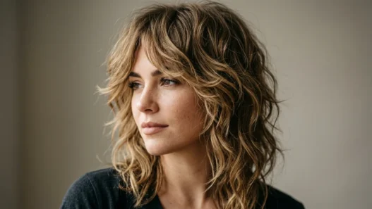 Woman with textured shag haircut showing soft layered feathery movement and natural waves