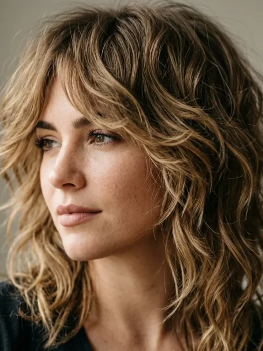 Woman with textured shag haircut showing soft layered feathery movement and natural waves