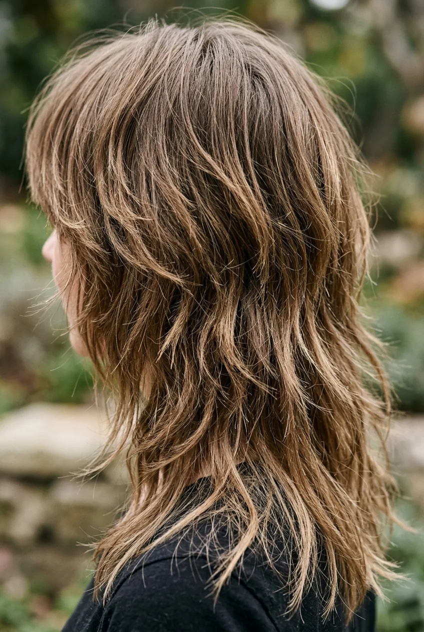 Close-up detail of textured shag layers with choppy ends and feathered pieces