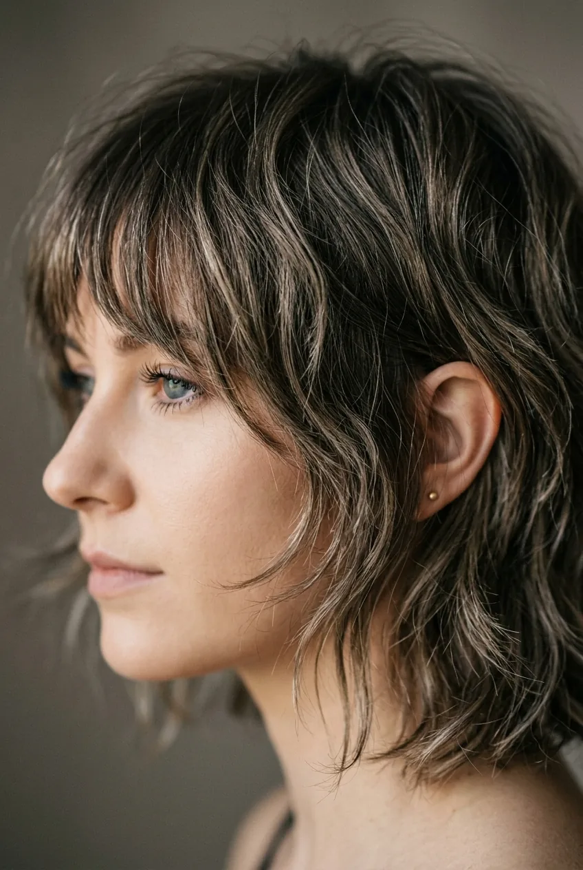 Close-up of textured shag layers with piece-y bangs showing every choppy detail and natural wave