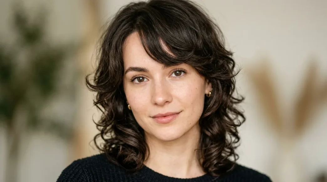 Woman with prominent forehead showing textured side-swept bangs and face-framing layers in soft beauty lighting