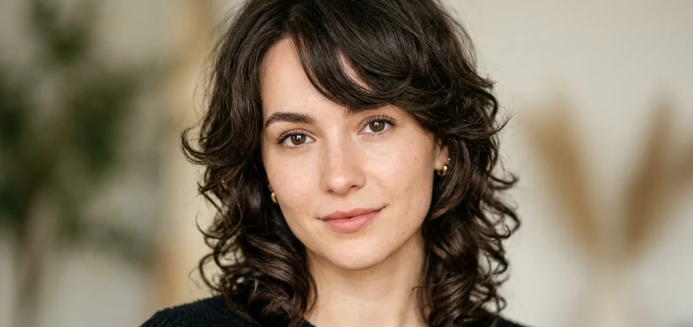 Woman with prominent forehead showing textured side-swept bangs and face-framing layers in soft beauty lighting