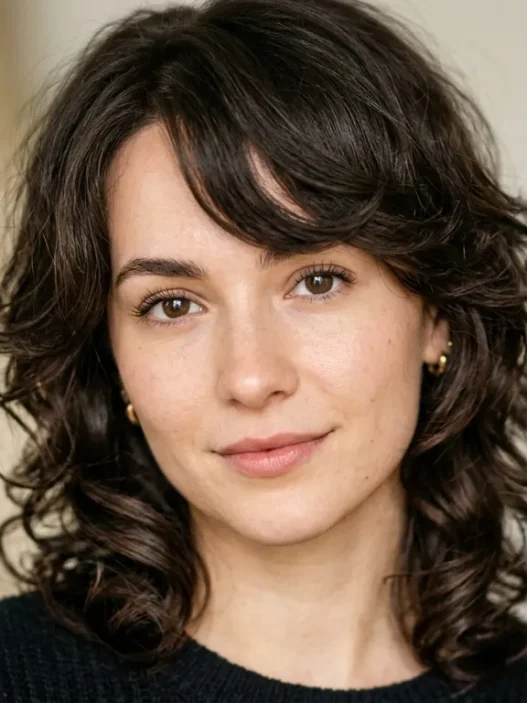 Woman with prominent forehead showing textured side-swept bangs and face-framing layers in soft beauty lighting