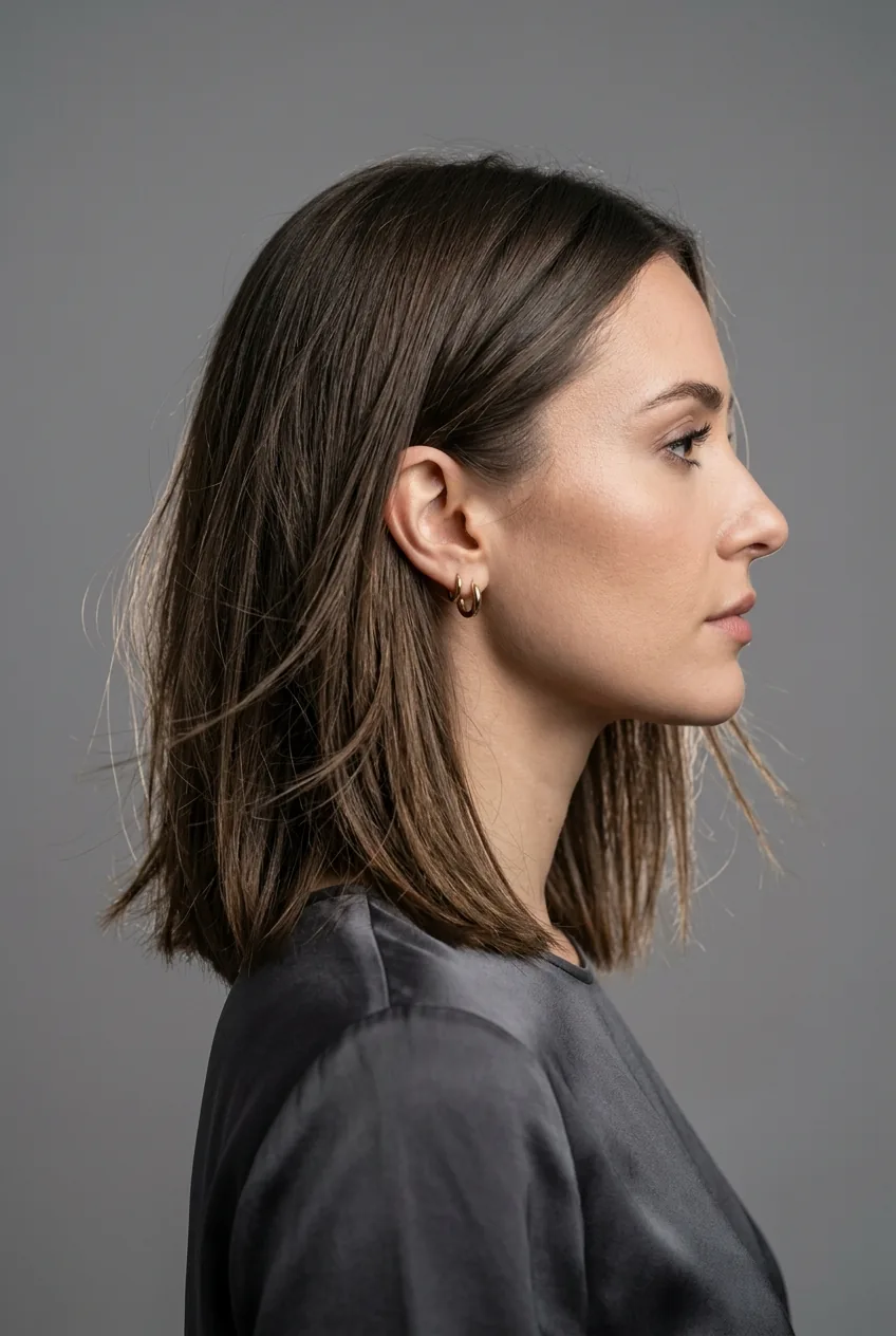 Woman with textured straight lob displaying subtle movement and dimension
