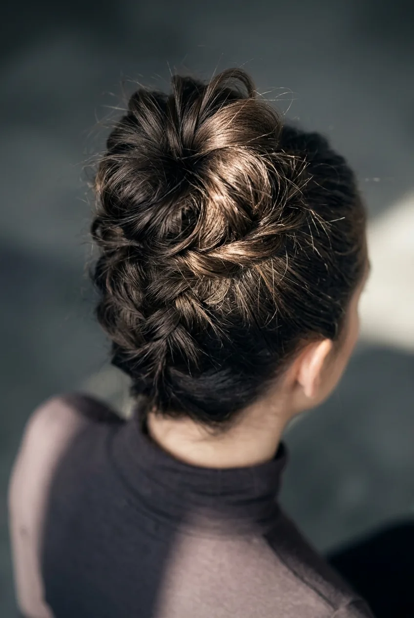 Textured top knot with voluminous teased sections creating height and dimension