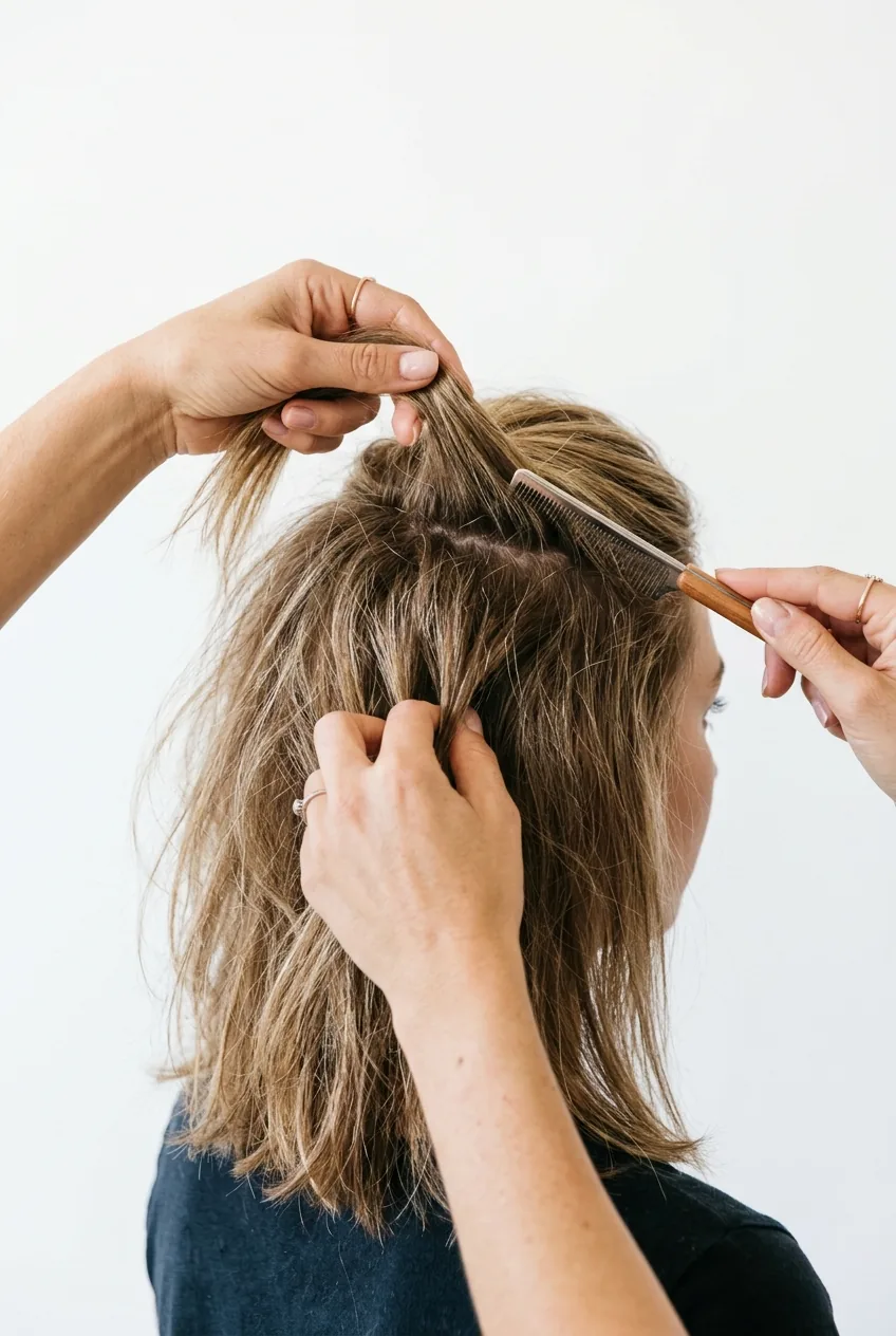 Hands backcombing fine hair to add volume for textured twist technique