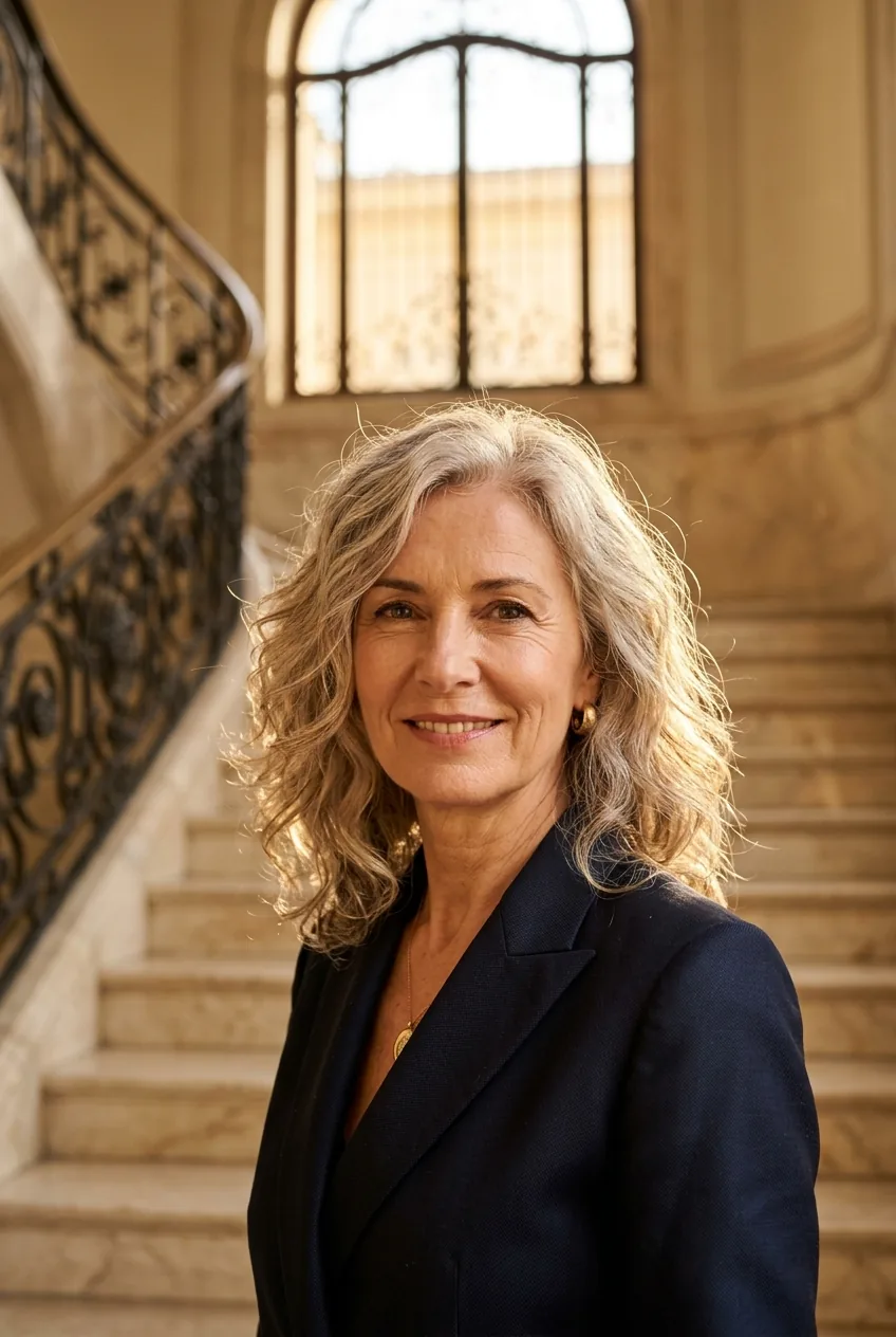 Mature woman with textured shoulder-length waves and face-framing layers in golden natural light