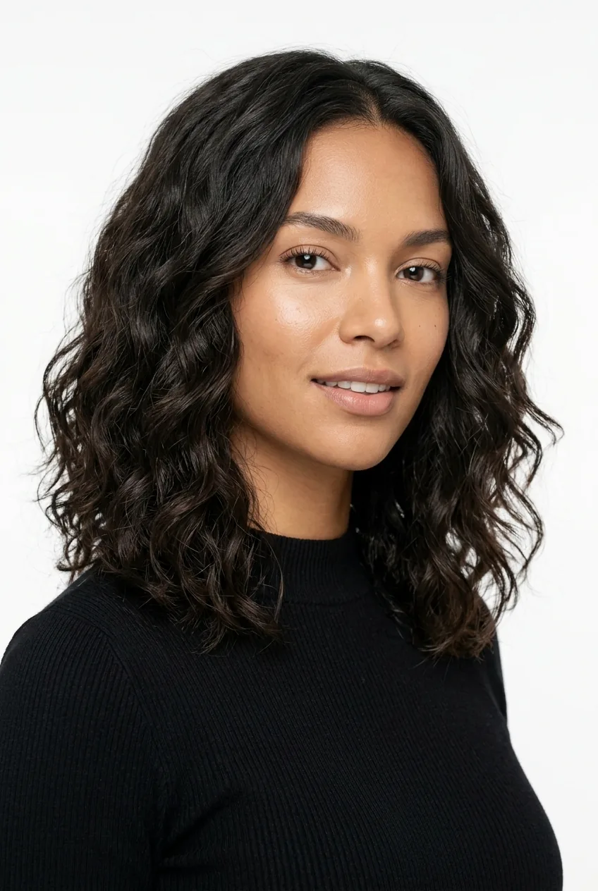 Woman with textured wavy lob haircut hitting at collarbone with natural movement