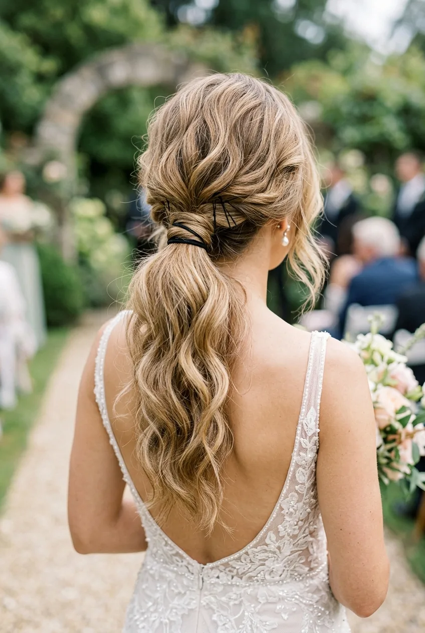 Textured wedding ponytail showing natural waves and strategically placed bobby pins for security