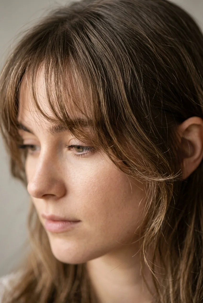 Close-up of wispy bangs with individual strand separation and natural texture detail