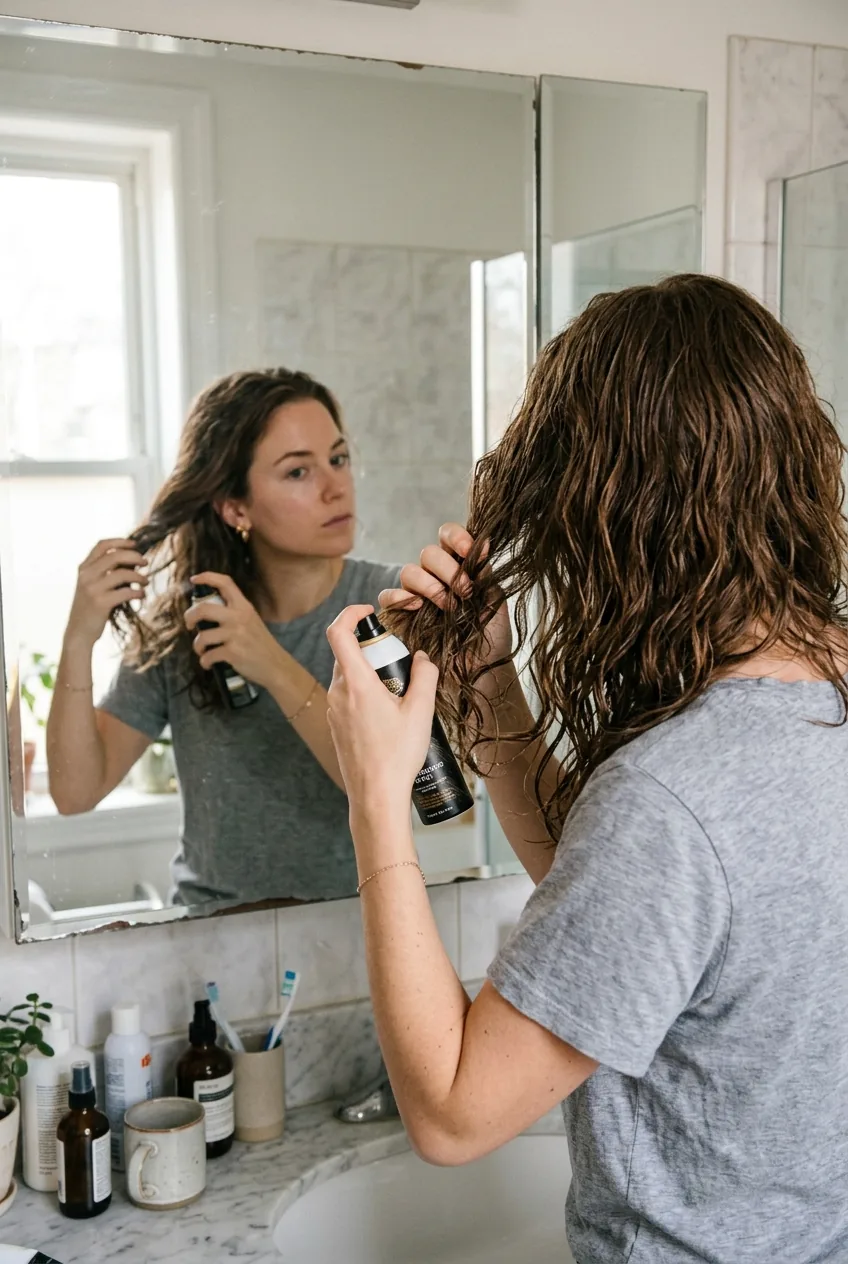 Woman applying texturizing spray to shoulder-length brown hair while scrunching product through mid-lengths