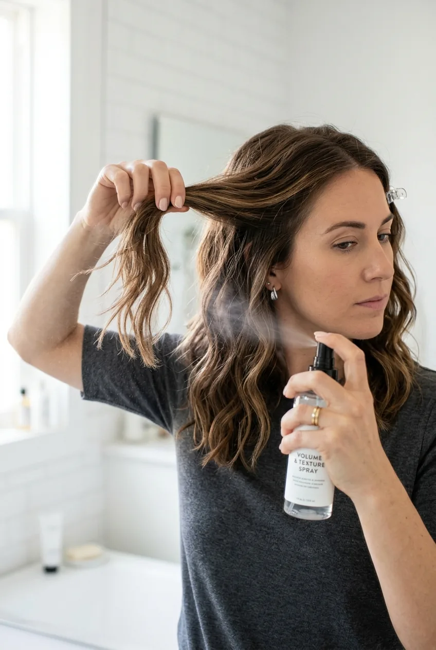 Hands applying texturizing spray to sectioned brown hair showing proper product distribution technique