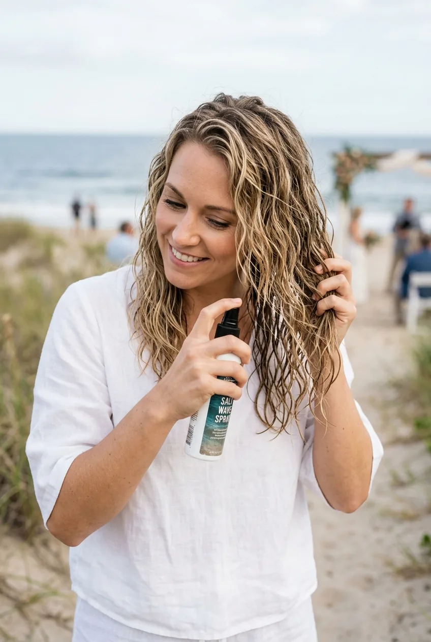 Hands applying texturizing spray to damp hair preparing for beach wedding styling