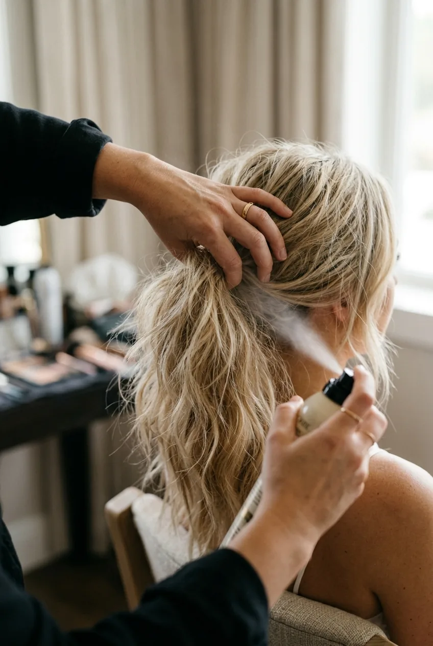 Hands applying texturizing spray to blonde hair during wedding ponytail preparation process