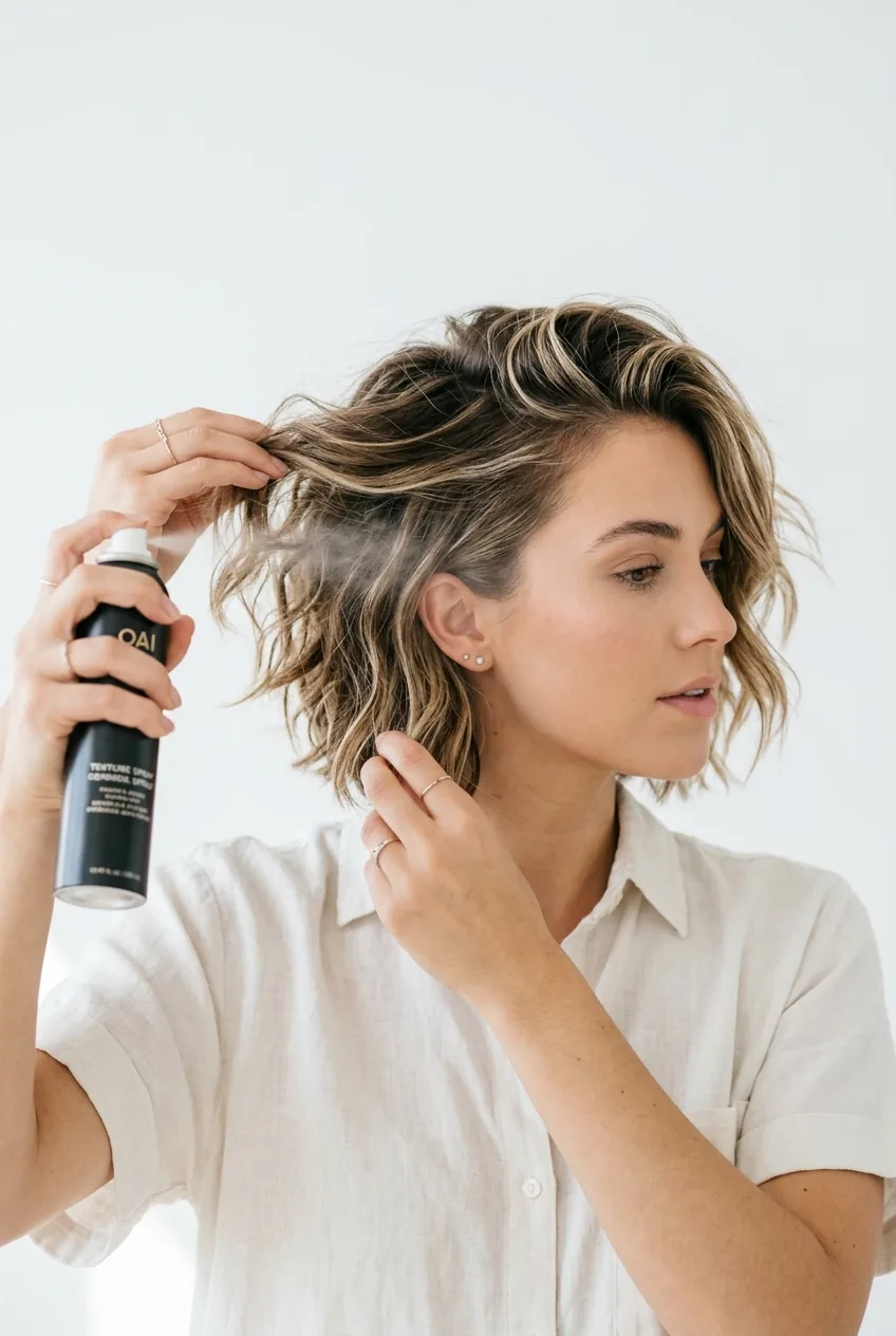 Final misting of texturizing spray being applied to completed French bob hairstyle