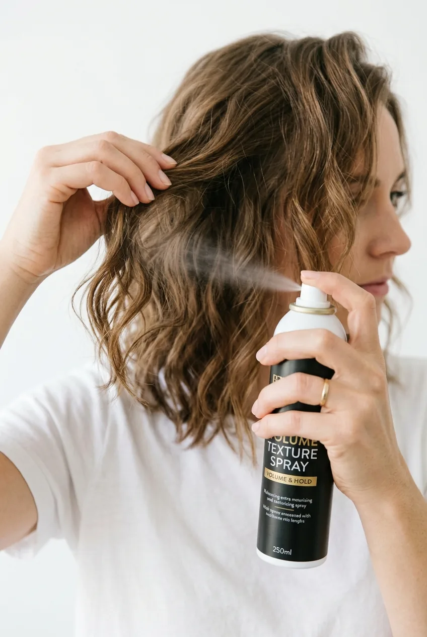 Hands applying texturizing spray to shoulder-length brown hair in bright natural lighting
