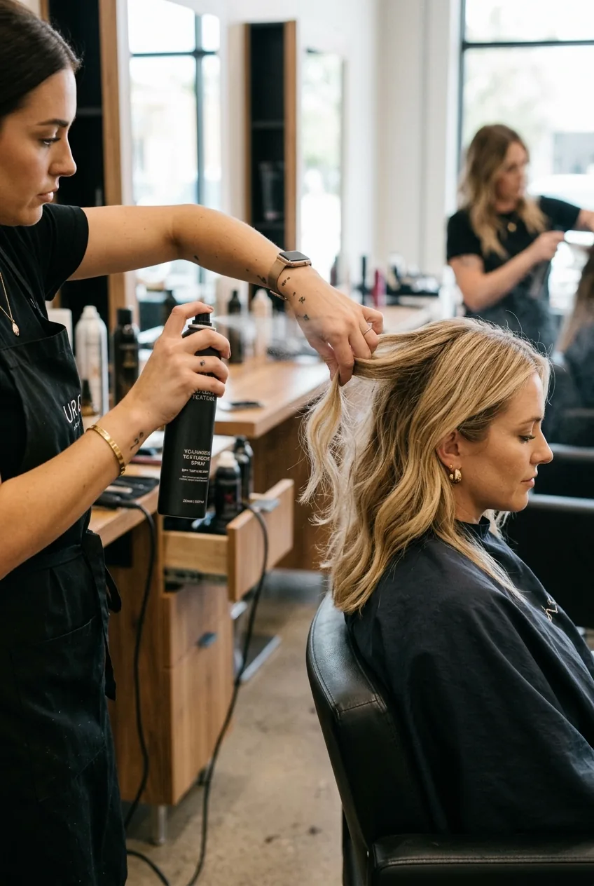 Hairstylist applying texturizing spray to client's hair in professional salon chair before styling
