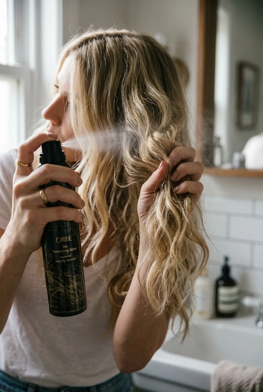 Hands applying texturizing spray to long blonde hair sections creating grip and texture