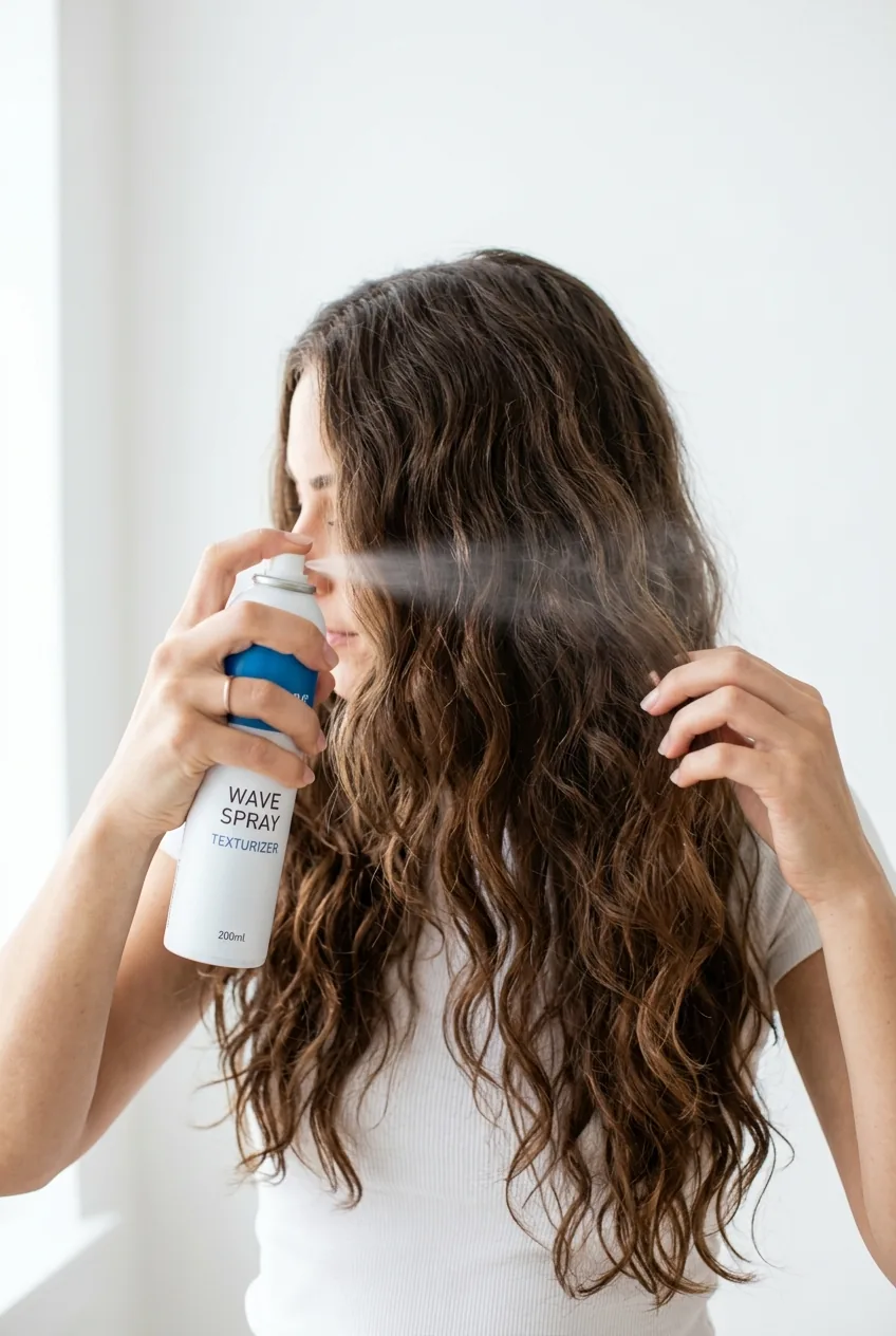 Texturizing spray being misted onto long wavy hair for added grip and movement