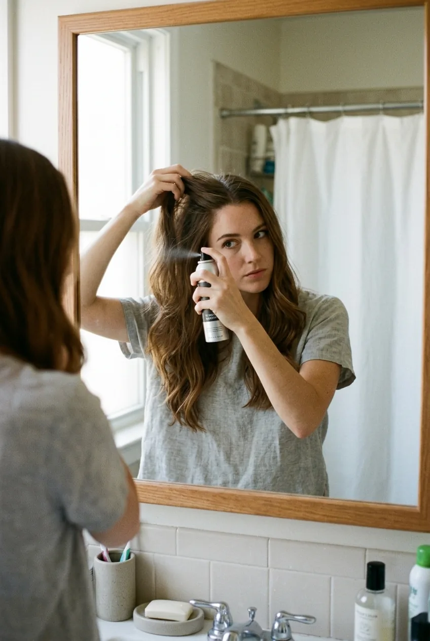 Hands applying texturizing spray to hair roots in preparation for ponytail styling