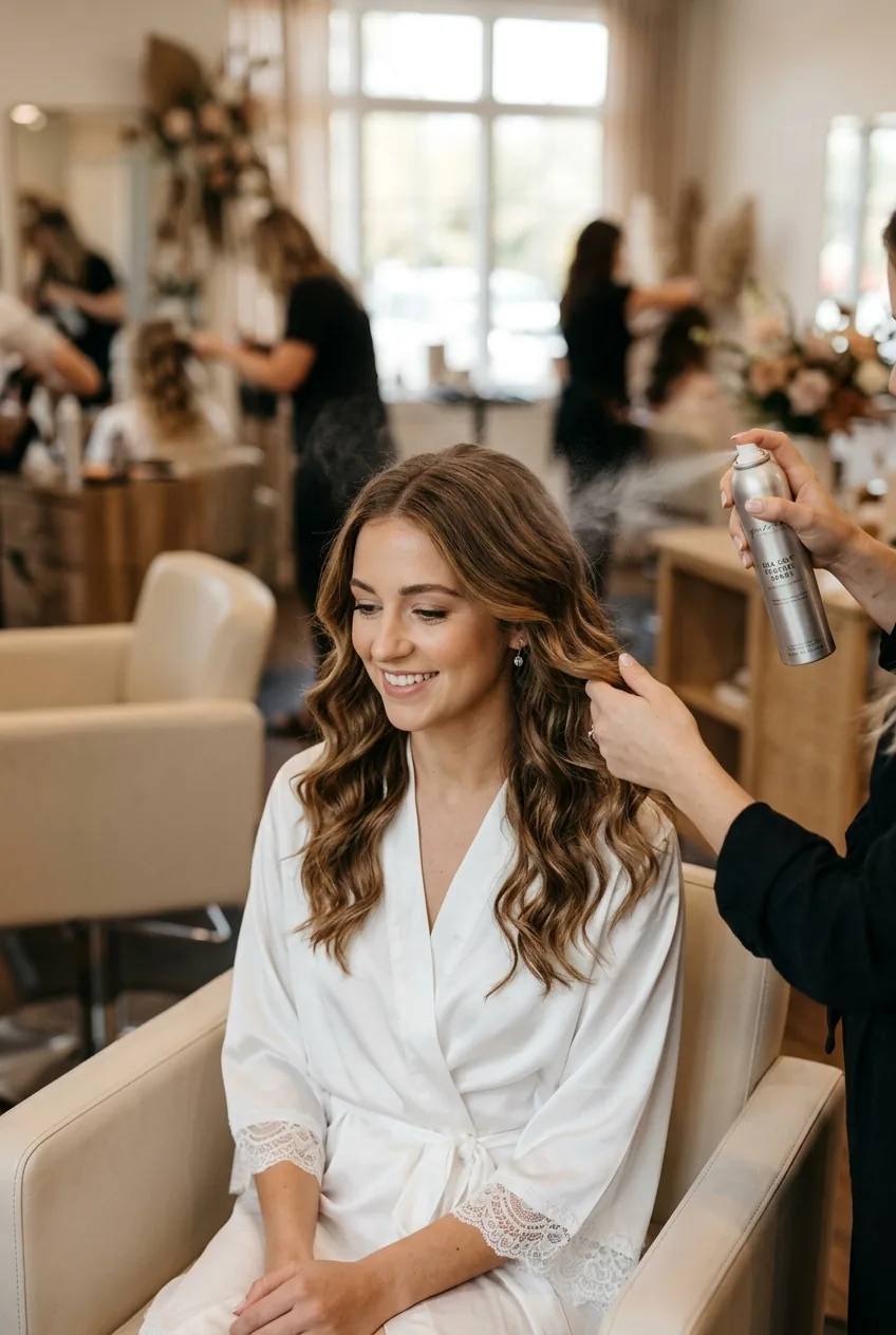 Hands applying texturizing spray and scrunching romantic wedding waves to create beachy texture