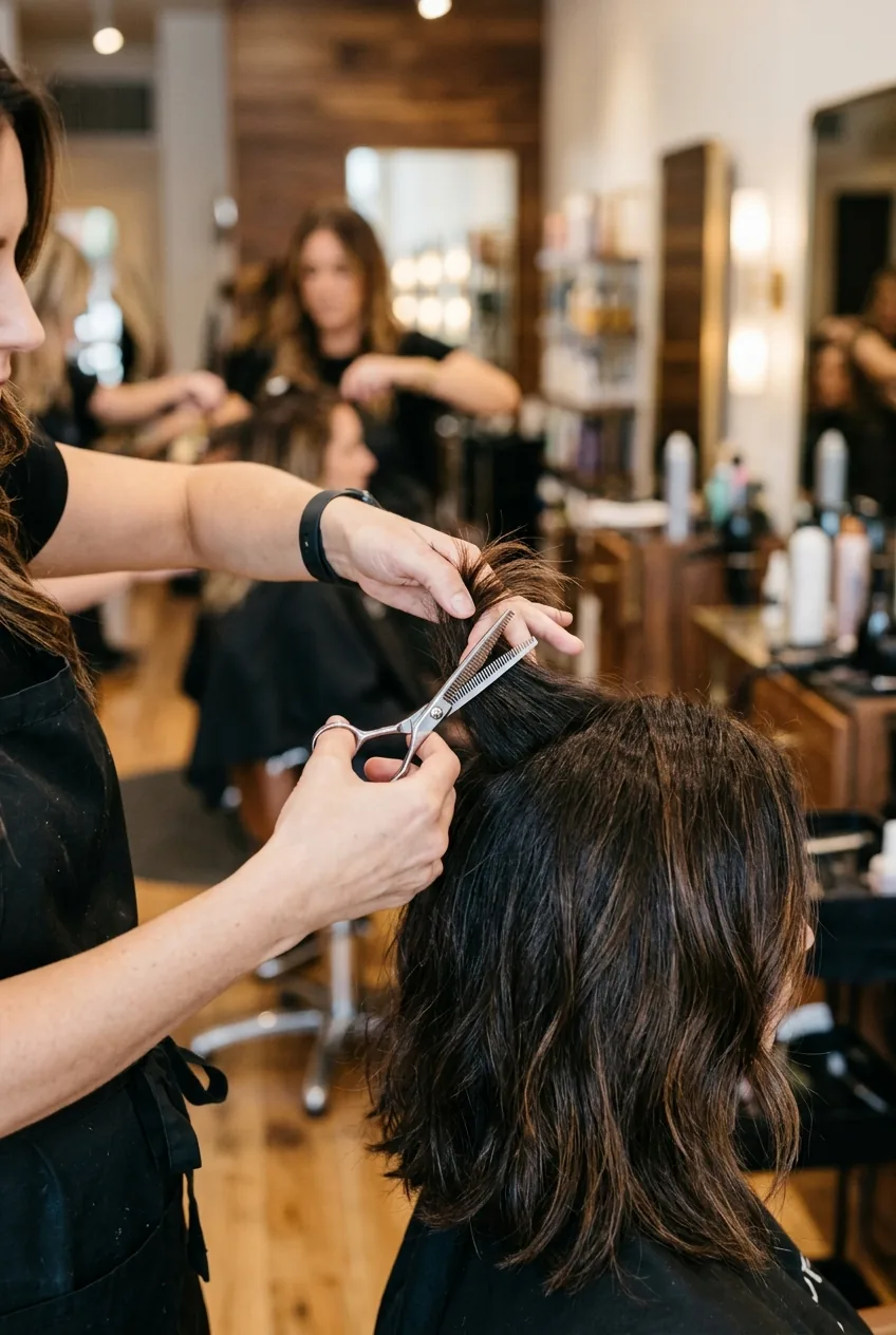 Hair texturizing technique with shears sliding down ends to soften lob cut edges