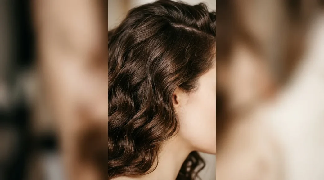 Close-up of thick chocolate brown wavy hair showing dense texture and natural wave pattern from jawline to crown