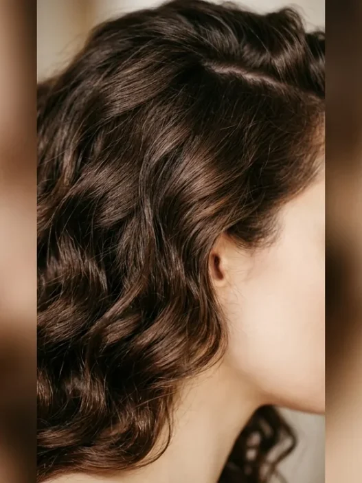 Close-up of thick chocolate brown wavy hair showing dense texture and natural wave pattern from jawline to crown