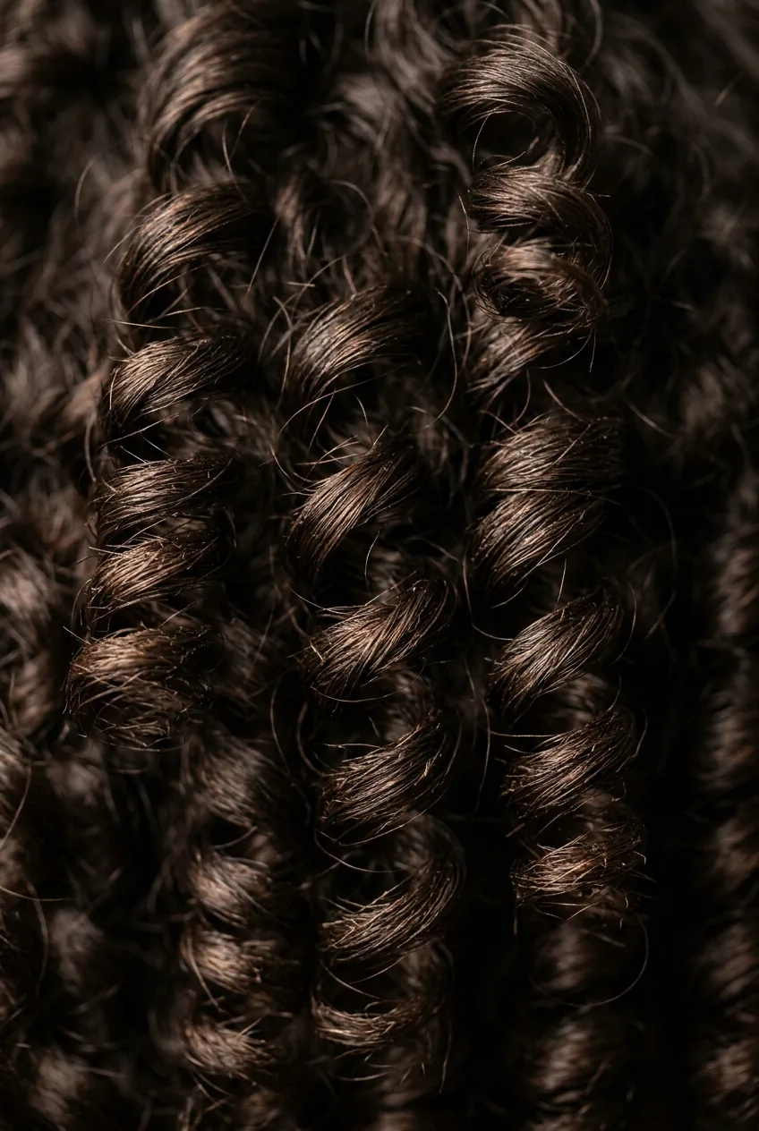 Thick coarse curls with tight spiral pattern showing natural volume and rich brunette color