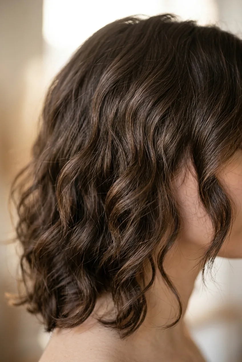 Thick hair styled in lob cut showing natural movement and textured volume