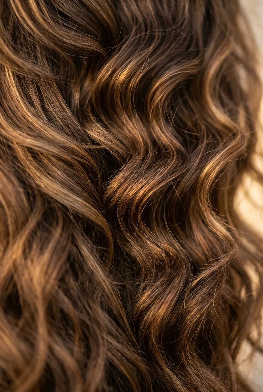 Thick brunette hair with long layers displaying natural wave texture and dimension