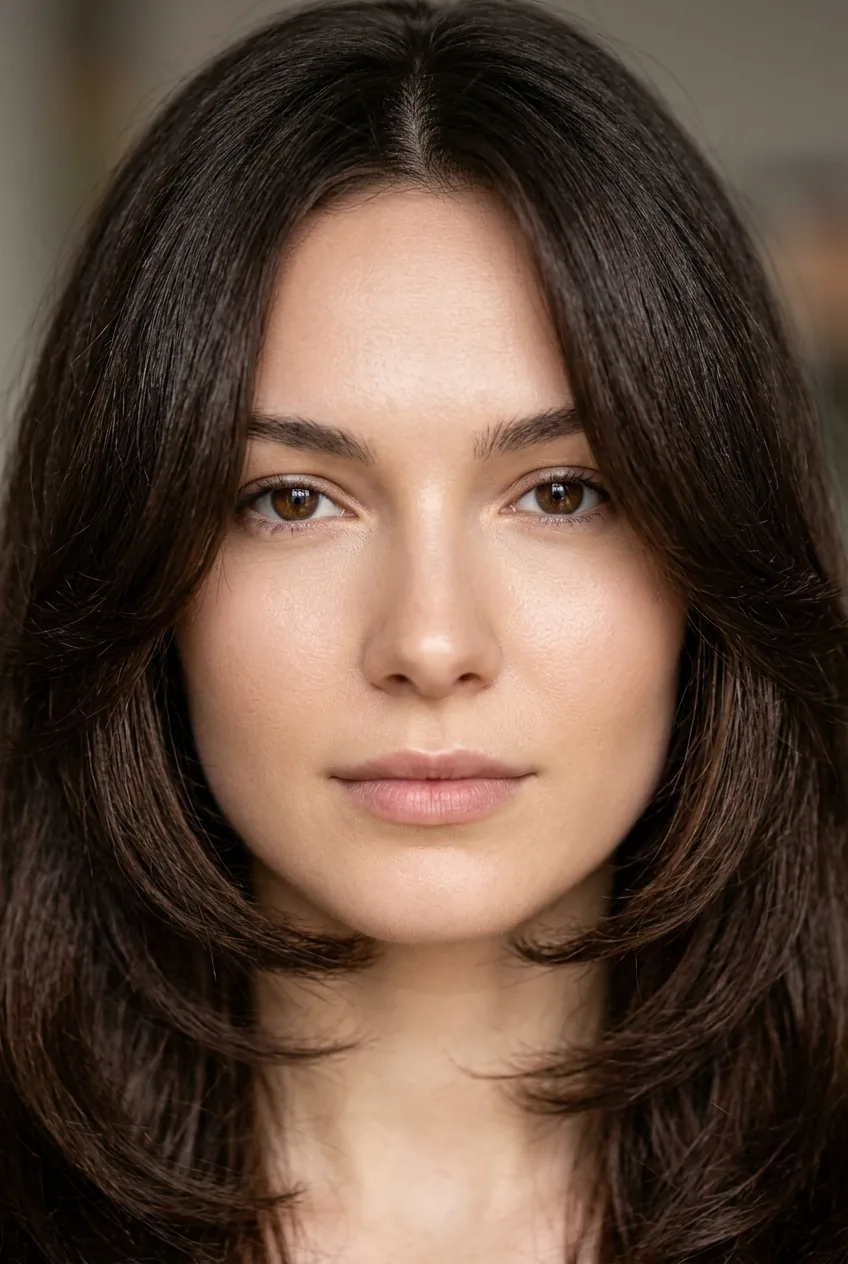 Thick hair with clean scissor-cut face framing layers in deep chocolate brown