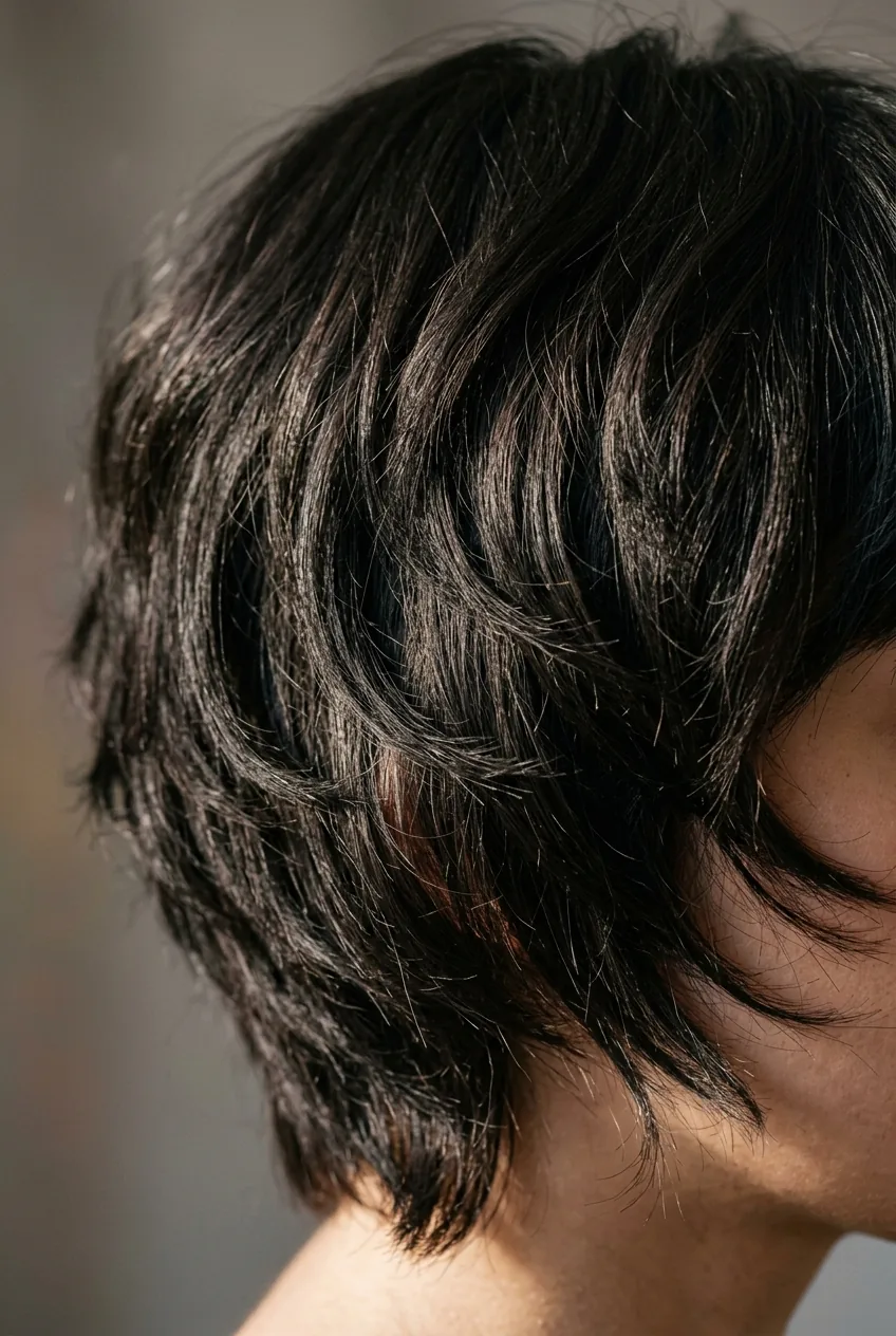 Close-up of thick hair with strategic medium layers showing volume reduction and texture