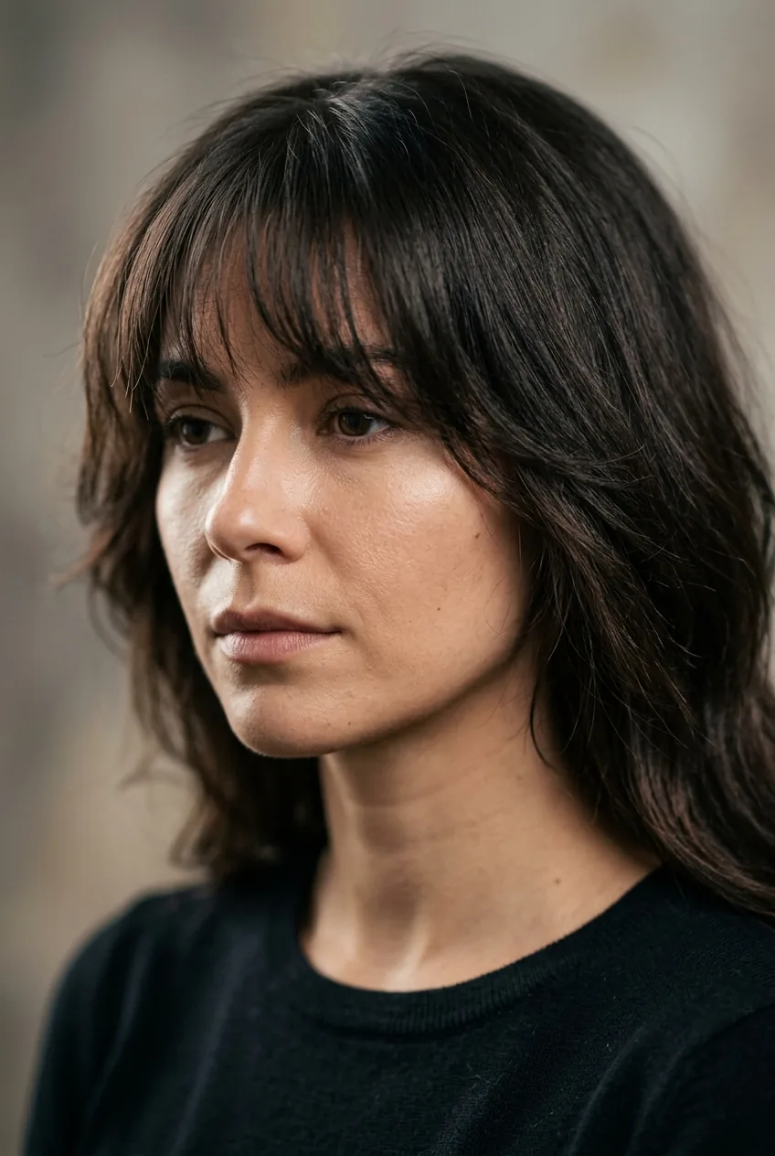 Thick hair with wispy bangs showing strategic bulk removal and texture