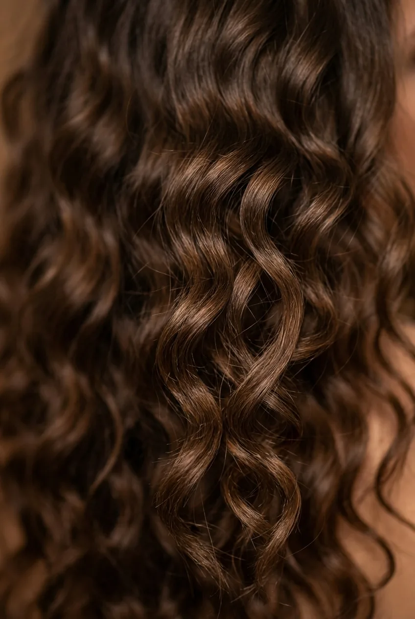 Thick wavy hair with long cascading layers showing natural volume and movement