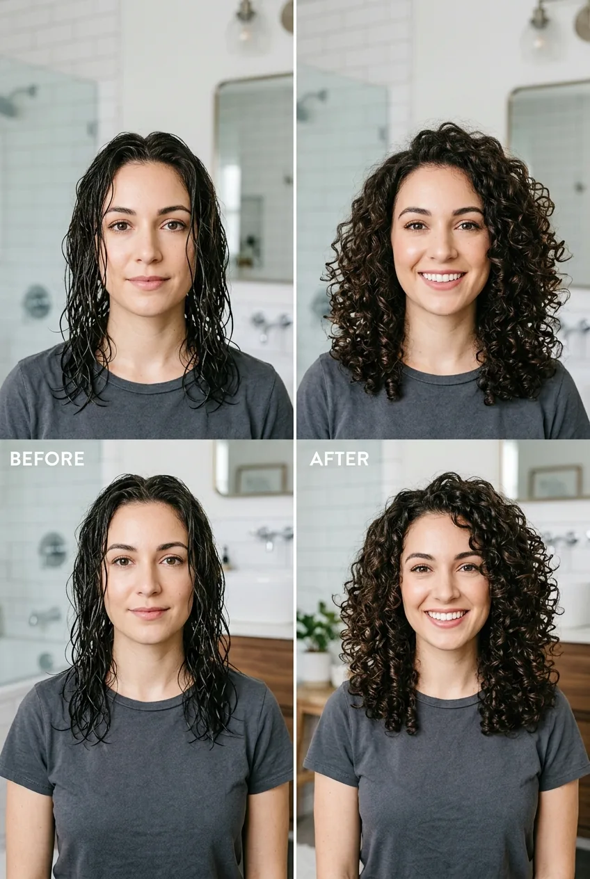 Before and after comparison showing thin curly hair transformation from limp to bouncy