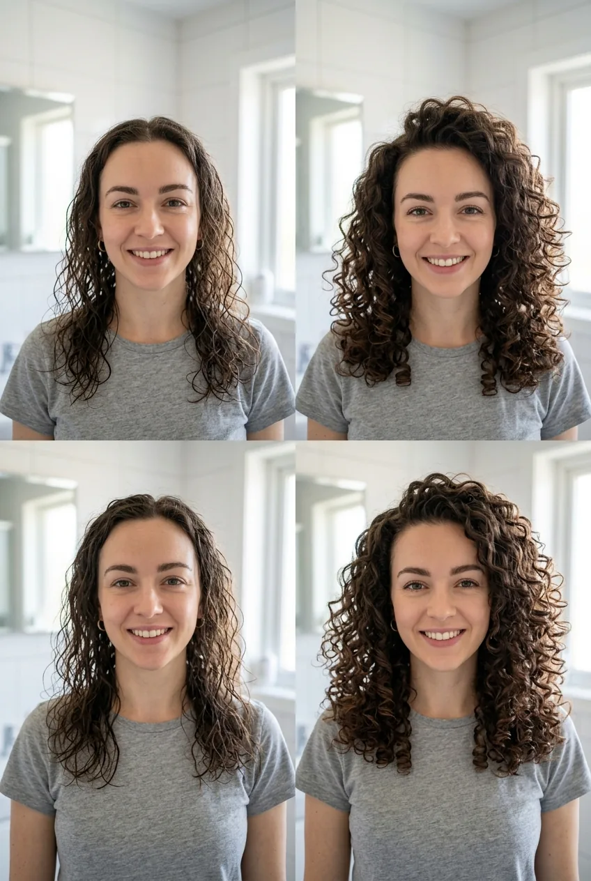 Before and after showing thin curly hair transformation from flat to voluminous